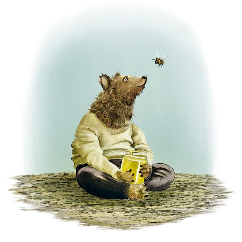 "Bestiaire" par Zargui, cette illustration représente un ours tenant un pot de miel et une abeille