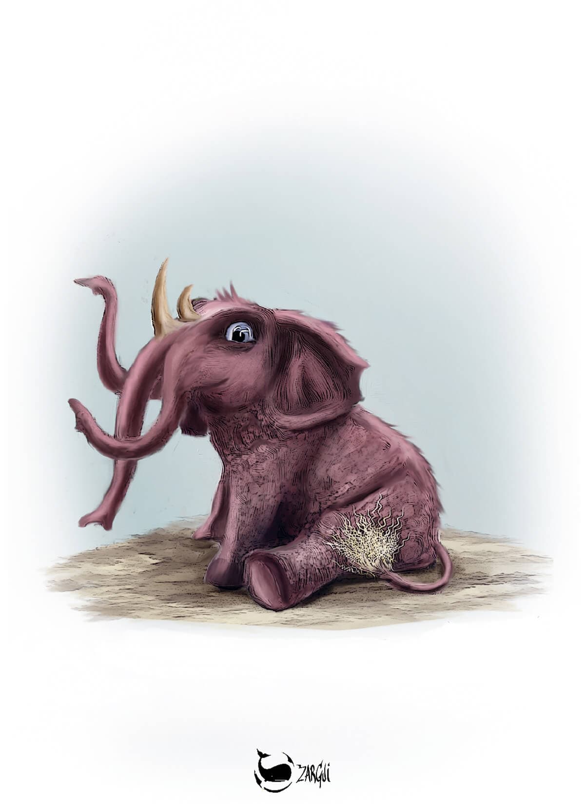 "Créatures" par Zargui, cette illustration représente un étrange éléphant rose à trois trompes