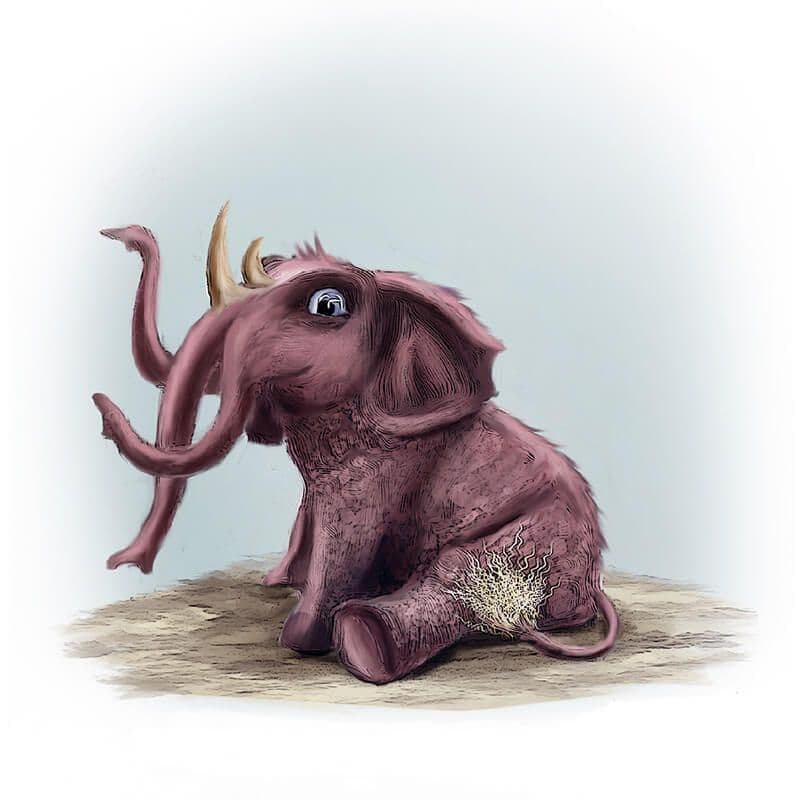 "Créatures" par Zargui, cette illustration représente un étrange éléphant rose à trois trompes