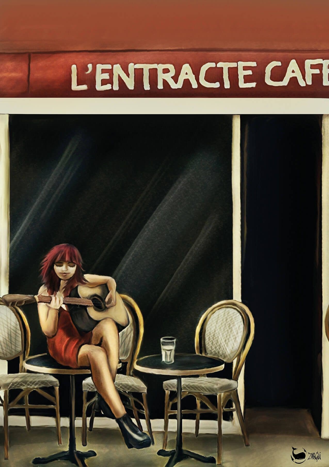 "Jane Insane" par Zargui, cette illustration représente une femme jouant de la guitare à la terrasse d'un café