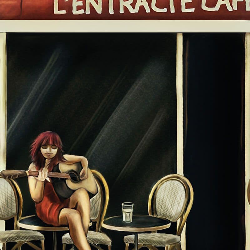 "Jane Insane" par Zargui, cette illustration représente une femme jouant de la guitare à la terrasse d'un café