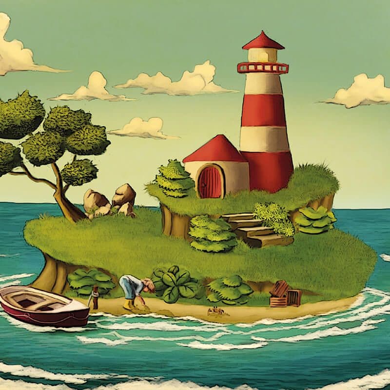 "Le garçon du phare" par Zargui, cette illustration représente un phare sur une île