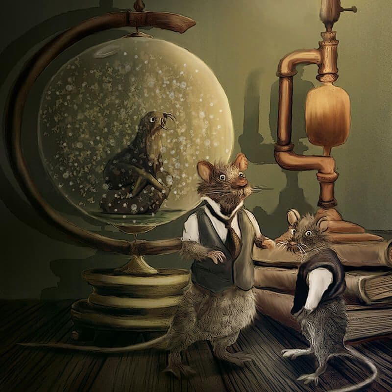 "Complot de rats" par Zargui, cette illustration représente deux rats vêtus de costards au milieu d'un décor steampunk