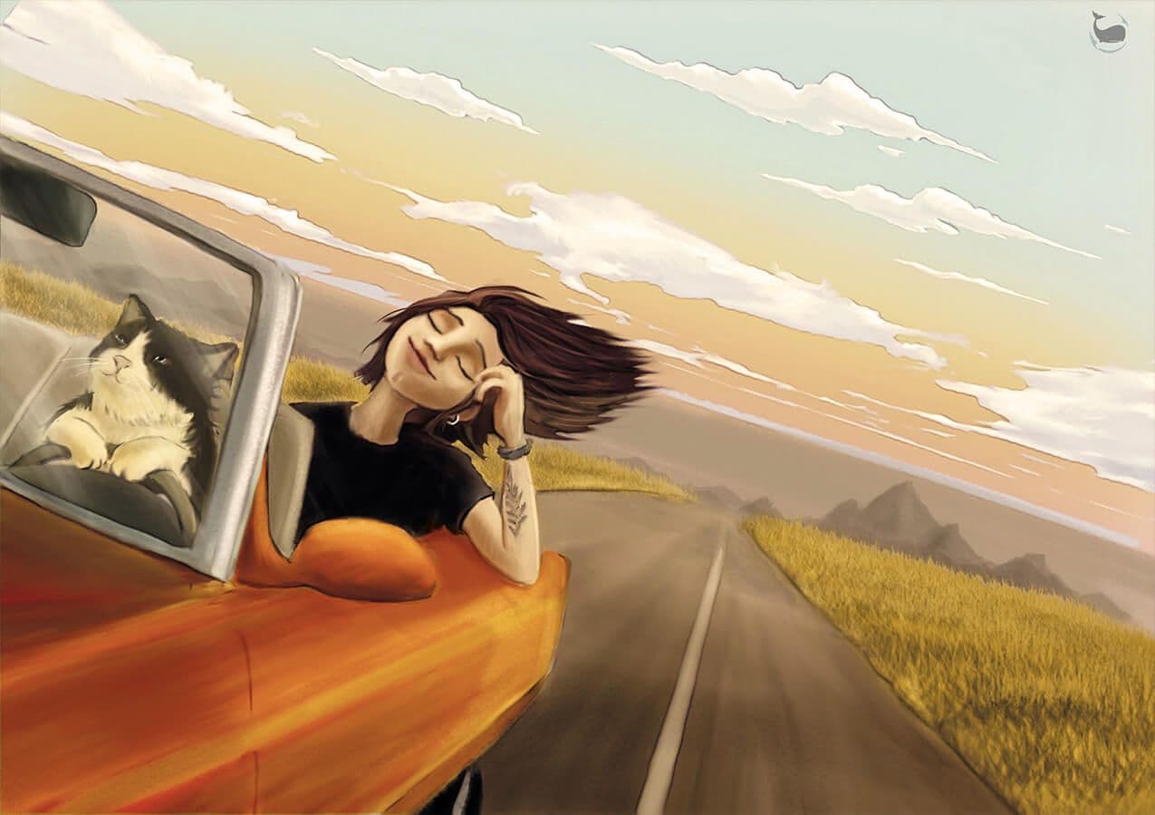 "Virée à deux" par Zargui, cette illustration représente une femme et son chat à bord d'une voiture filant sur la route.