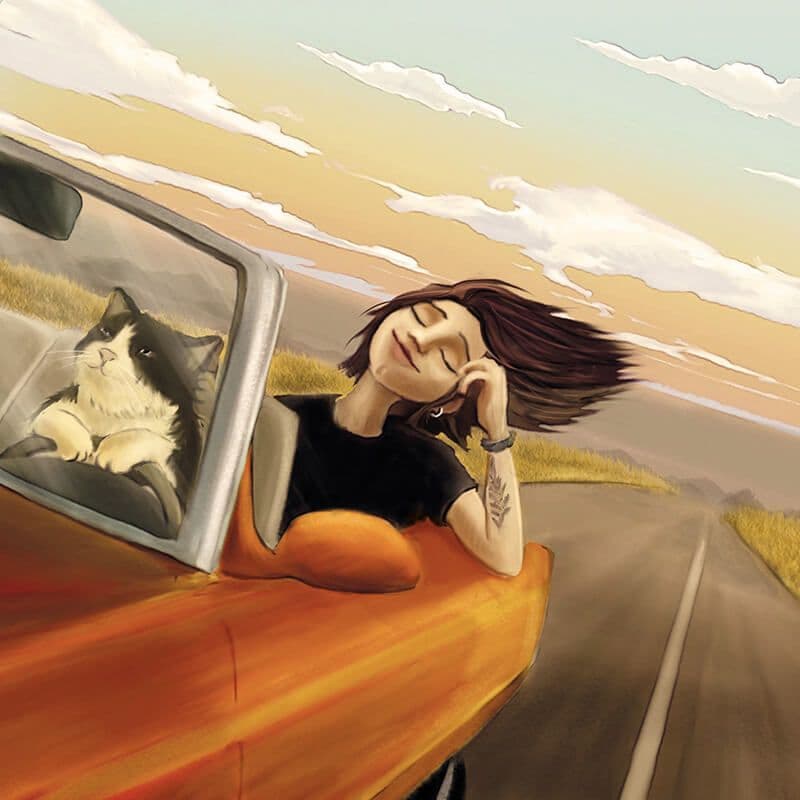 "Virée à deux" par Zargui, cette illustration représente une femme et son chat à bord d'une voiture filant sur la route.